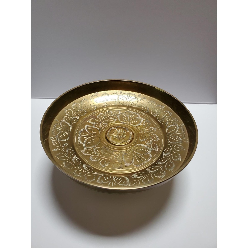 Vintage Etched Brass Footed‎ Bowl Pedestal Dish Floral Design Home Decor Display